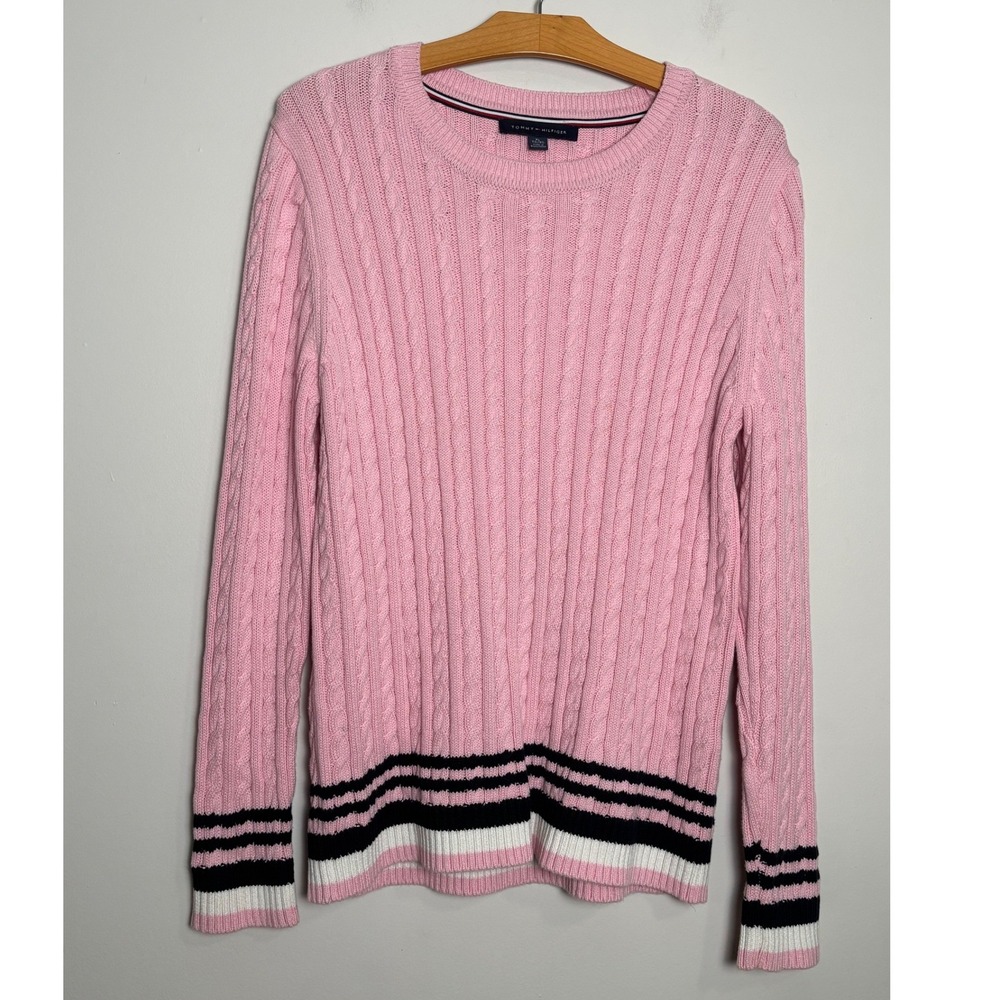 Tommy Hilfiger Womens Cable Knit Sweater XL Pink Cotton Nautical Preppy‎ Varsity